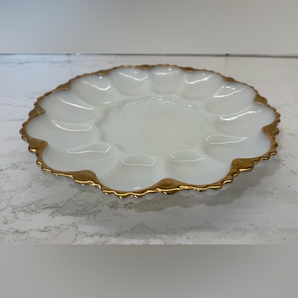 Vintage Milk Glass Deviled Egg Platter w/ Gold Trim – Mid-Century Serveware